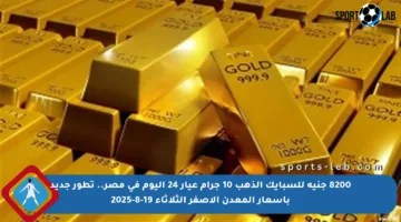 8200 جنيه للسبايك الذهب 10 جرام عيار 24 اليوم في مصر.. تطور جديد بأسعار المعدن الأصفر الثلاثاء 19-8-2025
